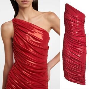 Norma Kamali | Diana Dress Red Lamé Asymmetrical Ruched Midi Dress S 36